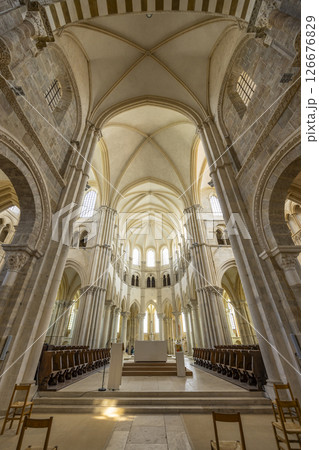 Interior of the Vezelay Basilica showing nave, altar and ribbed vaults in Bourgogne Franche Comte, France 126676829