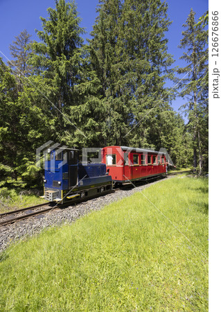 Narrow gauge railway passing through Museum of Liptov Village in Pribylina, Slovakia Narrow gauge railway passing through Museum of Liptov Village in Pribylina, Slovakia 126676866