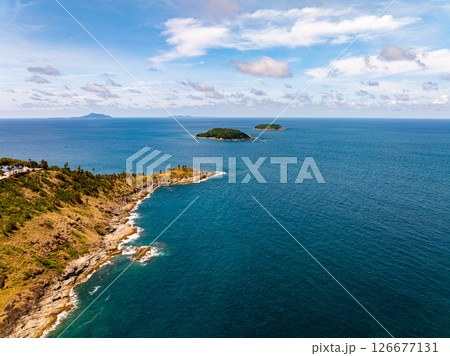Aerial view landscape sea beach in raining season at Phuket island Thailand. 126677131