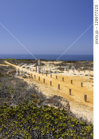 Wooden poles marking trails on the cliffs of Cabo Sardao in Odemira, Portugal 126677228