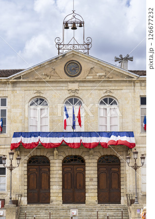 Town Hall of Auch displaying French and European Union flags in Place de la Liberation, Occitanie, France 126677232