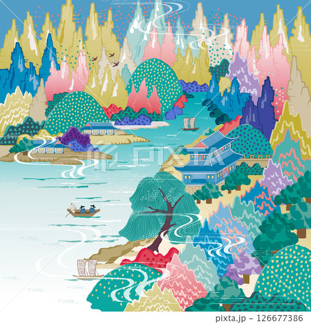 Modern Korean Mountain and River Landscape Vector Illustration 126677386