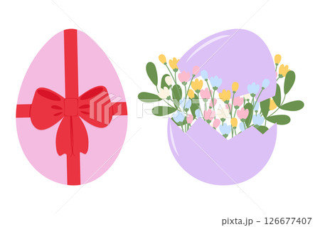Egg with Tied Bow and Floral bouquet in Cracked Eggshell Easter or Spring greeting design elements Egg with Tied Bow and Floral bouquet in Cracked Eggshell Easter or Spring greeting design elements 126677407