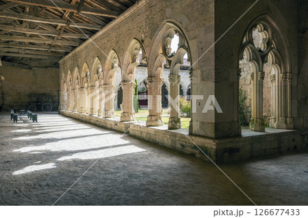 Cloister of Collegiate Church of Saint Pierre illuminating inner courtyard in La Romieu, France 126677433