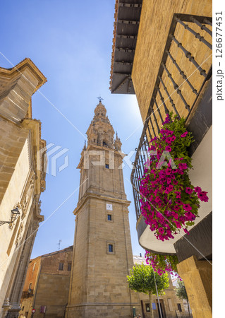 Santo Domingo de la Calzada Cathedral Tower rising over Calle del Cristo in La Rioja, Spain Santo Domingo de la Calzada Cathedral Tower rising over Calle del Cristo in La Rioja, Spain 126677451