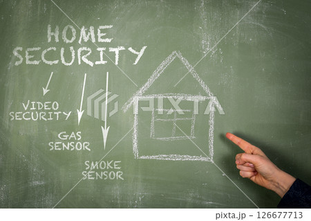 Home Security Concept Drawn on Chalkboard with Sensors and Hand Pointing to House Diagram 126677713