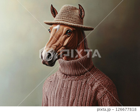 A hyper-realistic AI-generated portrait of a horse wearing a cozy, textured sweater and a woven hat.  126677818