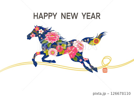 年賀状2026　午年　馬のイラストのおしゃれな年賀状　和柄　花柄	 126678110
