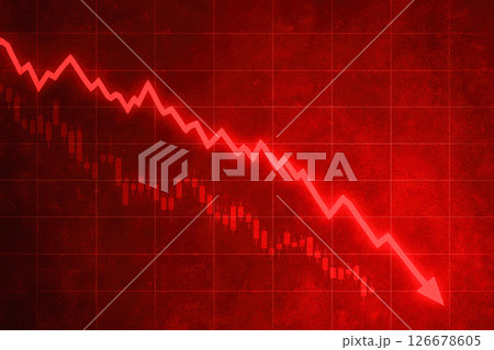 Red stock market decline illustration, showing candlestick overlay and jagged line chart falling sharply across dark grid background indicating severe economic downturn Red stock market decline illustration, showing candlestick overlay and jagged line chart falling sharply across dark grid background indicating severe economic downturn 126678605