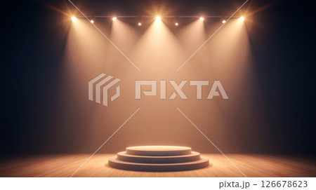 Warm glowing stage with circular levels surrounded by golden light professional presentation high-quality product placement and creative showcasing dramatic theater lighting 126678623