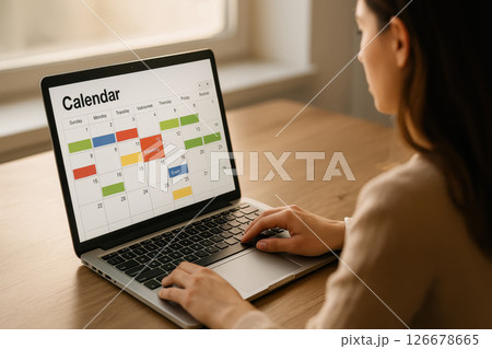 Young woman using online calendar planner on laptop, organizing schedule, marking important meetings and events at home office desk 126678665
