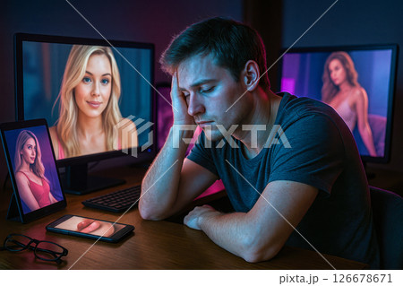 Man feeling exhausted and overwhelmed by explicit online content while sitting at desk surrounded by screens showing attractive women in seductive poses 126678671