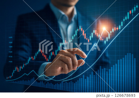 Businessman hand touching glowing financial chart, tracking investment growth, digital trading analytics, stock market profit, modern business success, economic strategy, blue background Businessman hand touching glowing financial chart, tracking investment growth, digital trading analytics, stock market profit, modern business success, economic strategy, blue background 126678693