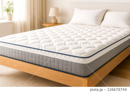 Comfortable mattress on modern bed in bright cozy bedroom, promoting healthy sleep, soft surface, quality materials, peaceful rest, stylish interior, relaxation, luxury bedding Comfortable mattress on modern bed in bright cozy bedroom, promoting healthy sleep, soft surface, quality materials, peaceful rest, stylish interior, relaxation, luxury bedding 126678749