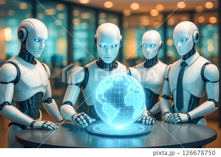 Group of humanoid robots developing artificial intelligence strategy for earth domination, planning global takeover, secret meeting, advanced technology, future control, digital world map Group of humanoid robots developing artificial intelligence strategy for earth domination, planning global takeover, secret meeting, advanced technology, future control, digital world map 126678750