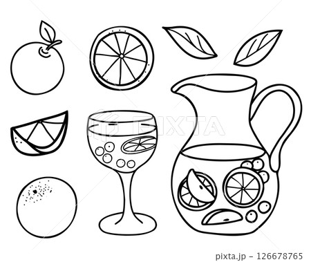 Sangria Set. Cocktail Glass and Jug or Pitcher with Orange and Apple fruits. Summer refreshment beverage. Hand drawn vector illustration of Spanish drink in Doodle style isolated on a background. For Sangria Set. Cocktail Glass and Jug or Pitcher with Orange and Apple fruits. Summer refreshment beverage. Hand drawn vector illustration of Spanish drink in Doodle style isolated on a background. For 126678765