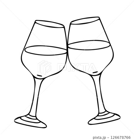 Two red wine glasses. Vector hand drawn illustration in doodle style. Alcohol beverage glassware. For Bar menu, logo, cards or poster design. Two red wine glasses. Vector hand drawn illustration in doodle style. Alcohol beverage glassware. For Bar menu, logo, cards or poster design. 126678766