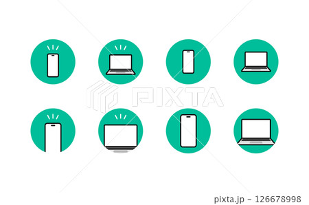 サイズが選べる、シンプルなノートパソコンとスマートフォンのアイコンセット イメージイラスト素材 126678998
