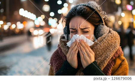 Young woman wearing earmuffs and a scarf blows her nose with a tissue while standing on a city street in winter, suffering from cold or flu symptoms 126679006