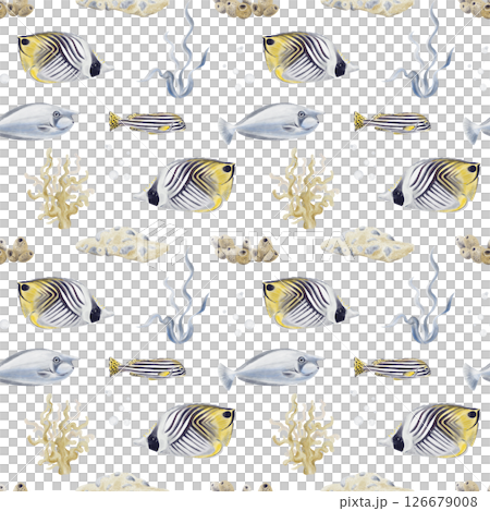 Seamless pattern with tropical fish. Striped exotic fish. Underwater world. Algae and corals. Seabed. Ocean world. Watercolor illustration without background. Hand drawing. High quality illustration 126679008