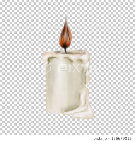 Candle round and burns. White paraffin. Small orange flame. Candle conceals. Church decor. Decoration for rituals and holidays. Halloween and day of the dead. Watercolor illustration. Hand drawing. Candle round and burns. White paraffin. Small orange flame. Candle conceals. Church decor. Decoration for rituals and holidays. Halloween and day of the dead. Watercolor illustration. Hand drawing. 126679012