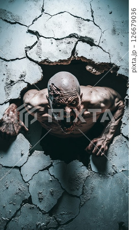Emerging from darkness through a cracked wall, a terrifying, screaming zombie captures the horror and survival struggles of a post apocalyptic world filled with decay 126679036