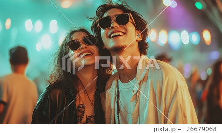 Young couple wearing sunglasses enjoying live music performance at night concert, smiling and looking up at stage with colorful bokeh lights in background 126679068