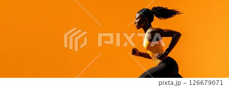 Profile of determined black female athlete running on vibrant orange background, showcasing power and speed in sports concept 126679071