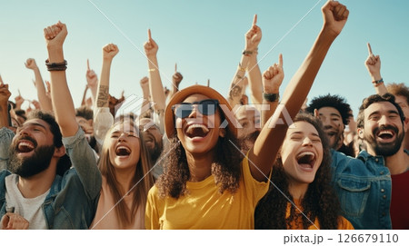 Crowd of young people enjoying live music performance, raising arms and singing along with their favorite artist, expressing excitement and passion at outdoor concert 126679110