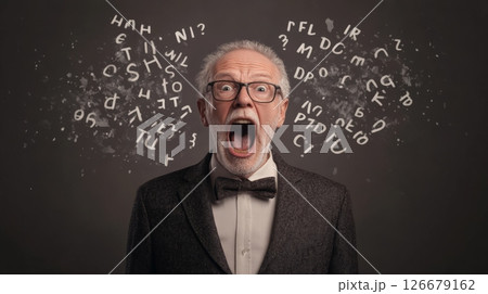 Senior professor in a suit and bow tie screaming as chaotic letters and numbers explode from his head, set against a dark gray background, capturing a moment of intense frustration and confusion Senior professor in a suit and bow tie screaming as chaotic letters and numbers explode from his head, set against a dark gray background, capturing a moment of intense frustration and confusion 126679162
