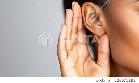 Close up of a young woman with beautiful skin cupping her hand around her ear, listening intently to a faint sound or conversation, symbolizing attentiveness and the importance of good hearing Close up of a young woman with beautiful skin cupping her hand around her ear, listening intently to a faint sound or conversation, symbolizing attentiveness and the importance of good hearing 126679193
