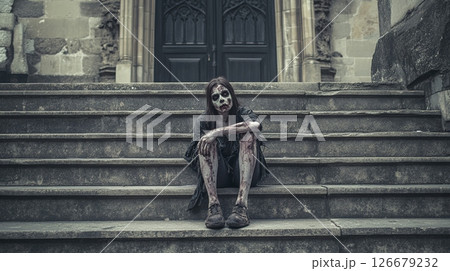 Post apocalyptic scene depicting a female zombie sitting on the steps of an abandoned church, highlighting the themes of survival, horror, and societal decay in a world ravaged by an outbreak 126679232