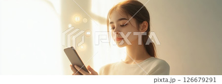 Young woman using smartphone with social media icons appearing, representing connection and communication in the digital age Young woman using smartphone with social media icons appearing, representing connection and communication in the digital age 126679291