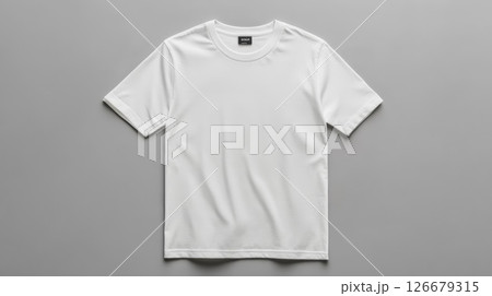 White casual t shirt apparel mockup template displayed on a gray background, featuring a front view, ideal for showcasing fashion design concepts and presentations 126679315