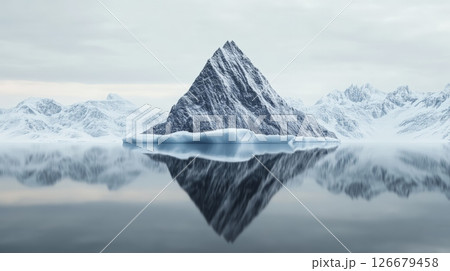 Snowy mountain peak and surrounding glacial landscape reflecting in calm arctic waters under a cloudy sky, creating a serene and pristine polar scene 126679458