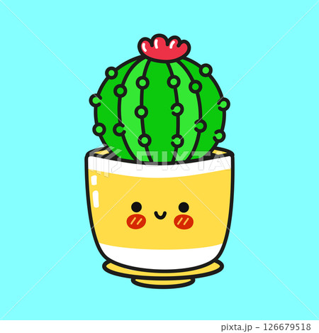 Adorable illustration of a happy Cactus plant sitting in a yellow pot, perfect for nature lovers and kawaii enthusiasts 126679518