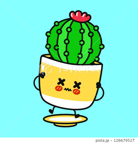 Playful cartoon cactus winking charmingly while balancing on white ceramic plate, radiating quirky, adorable personality 126679527