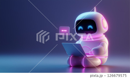ピンクのライトをつけてノートパソコンに向かう笑顔のロボット ピンクのライトをつけてノートパソコンに向かう笑顔のロボット 126679575