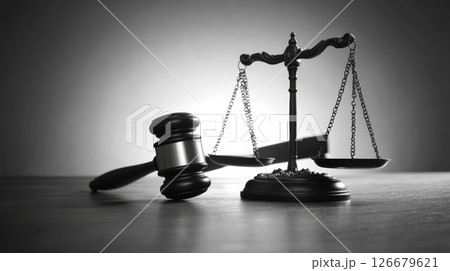 Judge's gavel and scales of justice are laying on a wooden desk, representing legal proceedings, fairness, and the judicial system 126679621