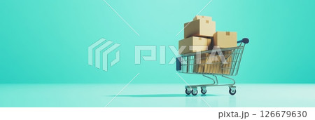 Miniature shopping cart carrying cardboard boxes on turquoise background representing online shopping, e commerce, online payment, and delivery services Miniature shopping cart carrying cardboard boxes on turquoise background representing online shopping, e commerce, online payment, and delivery services 126679630