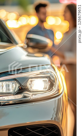 Close up of a modern car's headlight shining brightly, with blurred potential customers and a salesman engaging in discussion at a car dealership 126679651