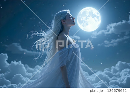 girl in white dress with moon back 126679652