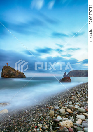 Amazing view of the beach and rocks shot with a long exposure. 126679754