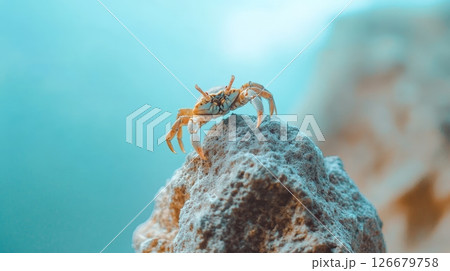 Small crab standing on a textured rock, emerging from vibrant turquoise water, creating a captivating scene that highlights the beauty of marine life in a peaceful seaside environment 126679758