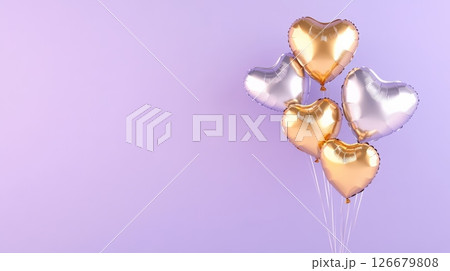 Bunch of heart shaped balloons floating against a pastel lilac backdrop, creating a festive atmosphere perfect for valentine's day, anniversaries, or romantic celebrations Bunch of heart shaped balloons floating against a pastel lilac backdrop, creating a festive atmosphere perfect for valentine's day, anniversaries, or romantic celebrations 126679808
