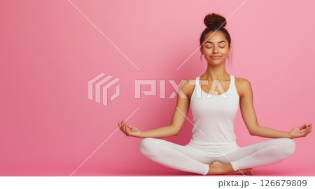 Serene young woman practicing yoga, meditating in lotus position with closed eyes on a vibrant pink background, promoting mindfulness and inner peace 126679809