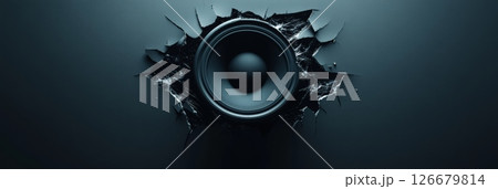 Audio speaker breaking through a dark gray wall, creating cracks and revealing its powerful presence, symbolizing the impact of music and sound 126679814