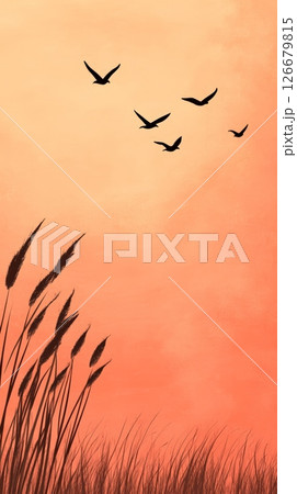Silhouetted cattails and grass are depicted in the foreground with birds flying in an orange sunset sky, creating a serene and peaceful nature scene 126679815