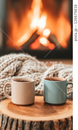 Two mugs filled with a hot beverage sit on a wooden surface near a fireplace with a warm fire and a wool blanket, embodying the comfort and relaxation of a winter evening 126679816