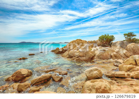 Unbelivable view of Capriccioli beach in Costa Smeralda. Unbelivable view of Capriccioli beach in Costa Smeralda. 126679819